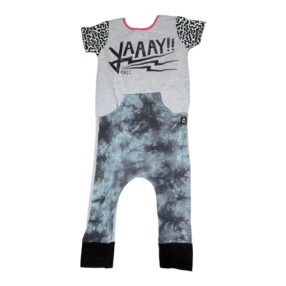 Rags to Raches Romper Kids 2T YAAAY Graphic Tie Dye Harem One Piece Short Sleeve